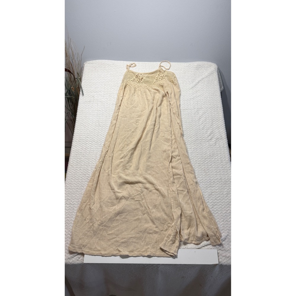 Free People Crochet Lace Cotton Maxi Dress Beige Tan Side Button Size S 4667